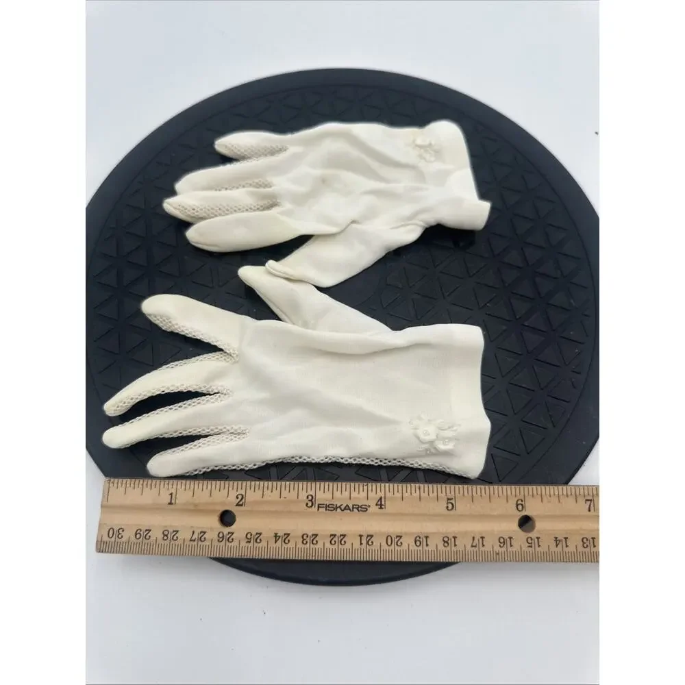 VTG Dress Gloves Little Girl Stretch Nylon Beige White w/ Flowers Small